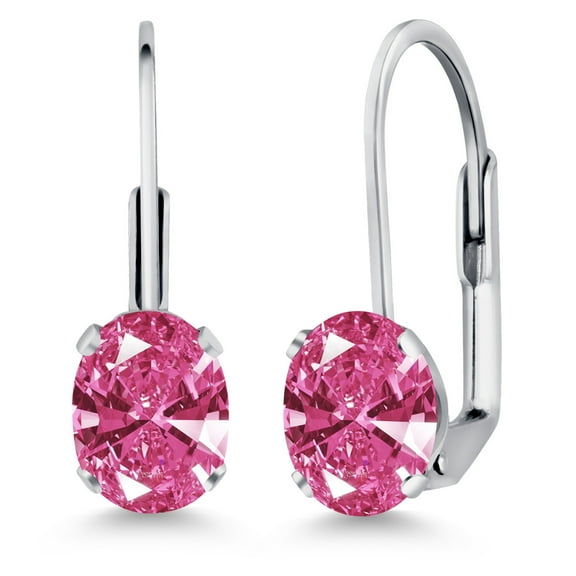Gem Stone King Pink Zirconia Rhodium Plated Leverback Earrings for Women (1.52 Cttw, Gemstone Birthstone, Oval 7X5MM)