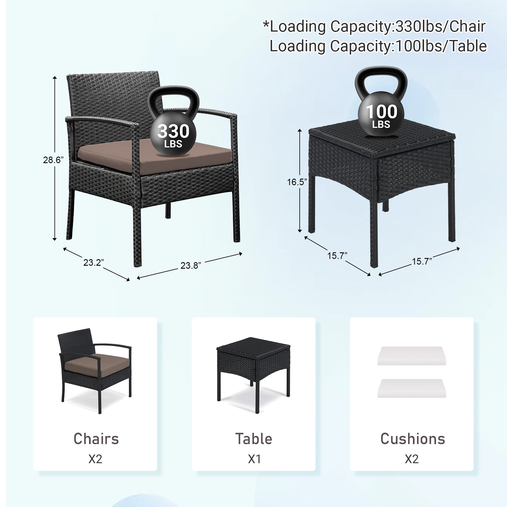 Tappio 3 Piece Outdoor Patio Furniture Set Outdoor Rattan Furniture, Patio Chairs Set of 3, Rattan Conversation Bistro Sets with Table and Cushions Brown