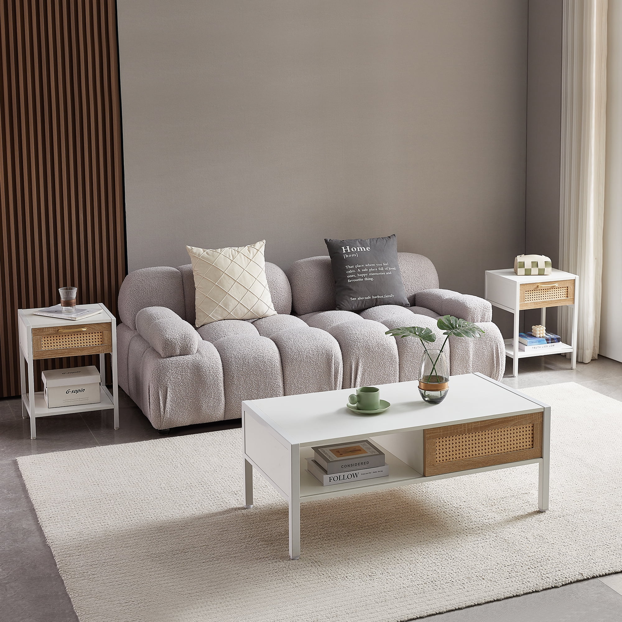 Euroco 40.16" Rattan Coffee table, sliding door for storage, metal legs, Modern table for living room , white