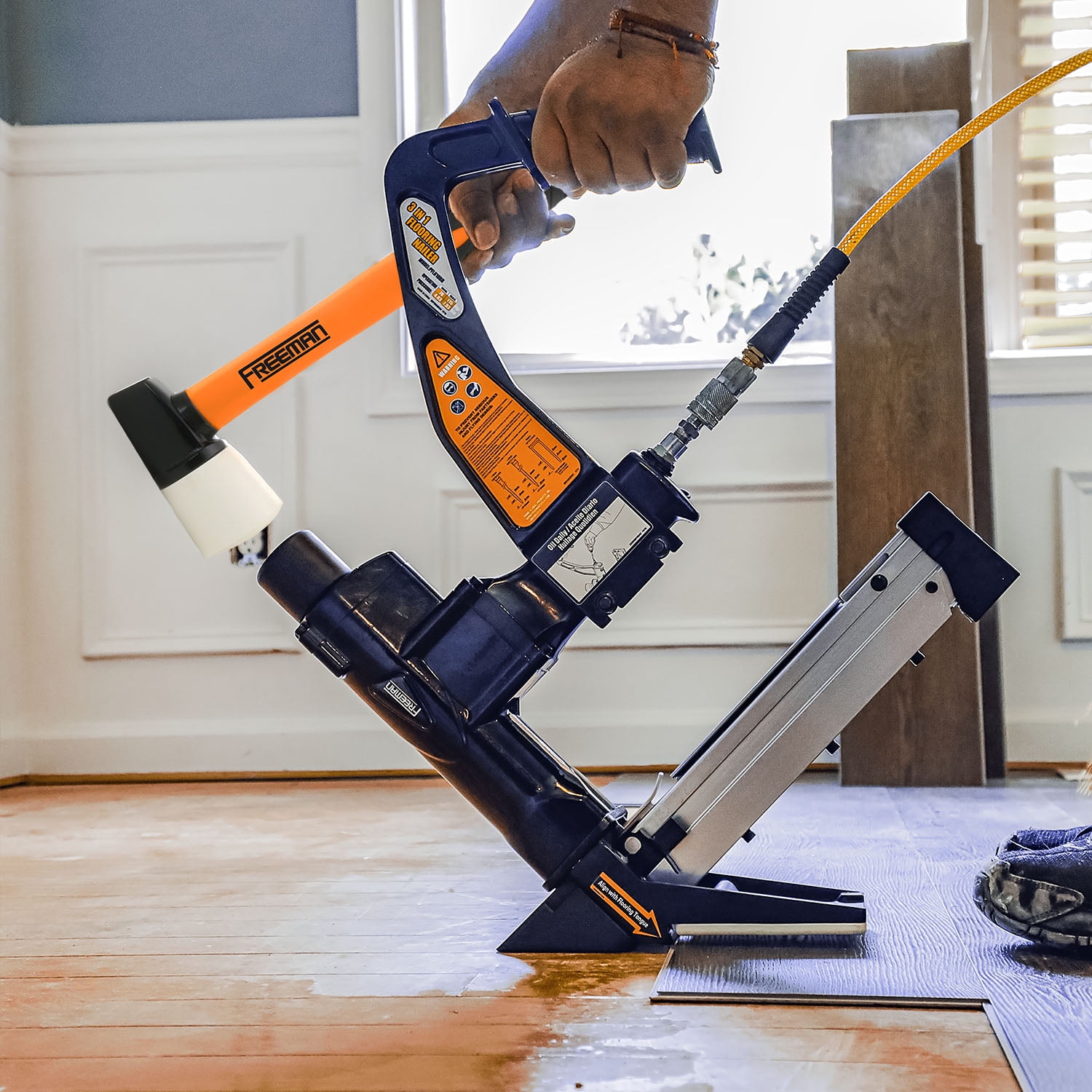 Freeman PFL618BR Pneumatic 3-in-1 15.5-Gauge and 16-Gauge 2" Flooring Nailer / Stapler with Flooring Mallet, Interchangeable Base Plates, and Case