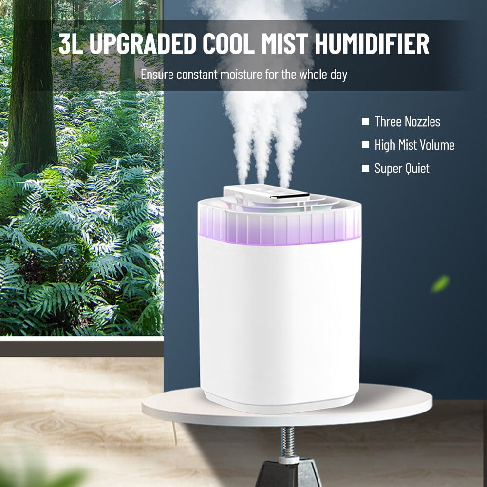 3L Large Capacity Cool Mist Humidifier with Three Nozzles High Mist Output Desktop Plant Humidifier 20dB Quiet Multicolor Light Auto Shut-Off for Bedroom Living Room Office Nursery White