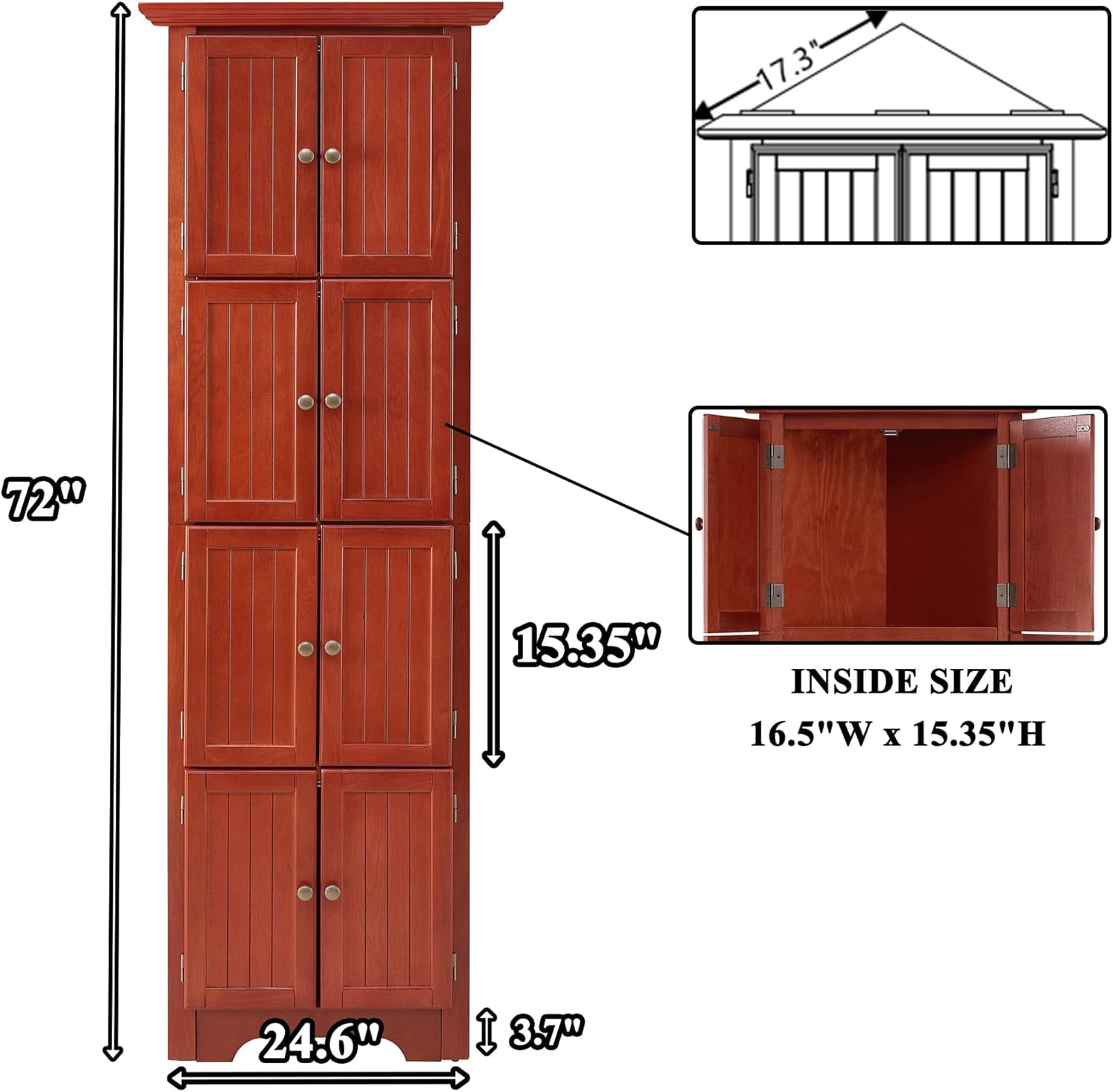 72" H Farmhouse Corner Storage Cabinet with 8 Doors & 4 Shelves, 4 Tier Kitchen Corner Pantry Cabinet Wooden Organizer Case Bookshelf, Home Space Saver Cabinet for Kitchen,Living Room(Cherry)