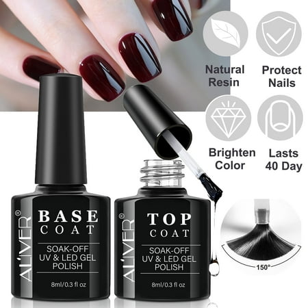 Aliver Base Coat + Top Coat Set Soak-Off UV & LED Gel Nail Polish, High Shinny and 40 Day Long Lasting Strong Adhesion,16ml/0.6floz