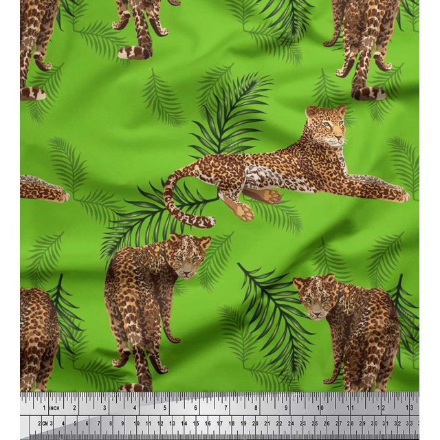 Soimoi Poly Georgette Fabric Leaves & Leopard Animal Printed Craft Fabric by The Yard 42 Inch Wide