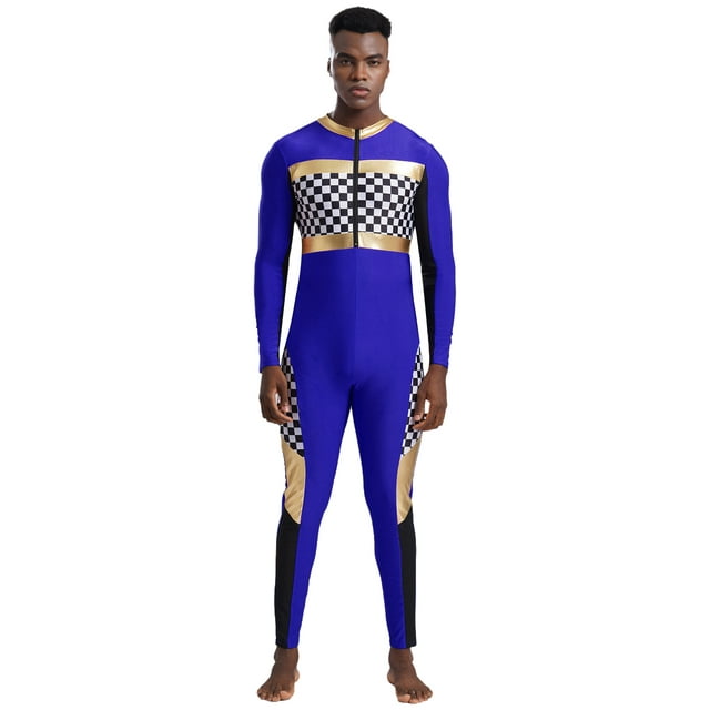 iiniim Men's Race Car Driver Costume Jumpsuit Checkerboard Plaid Rompers Finish Line Racer Outfits Royal Blue L