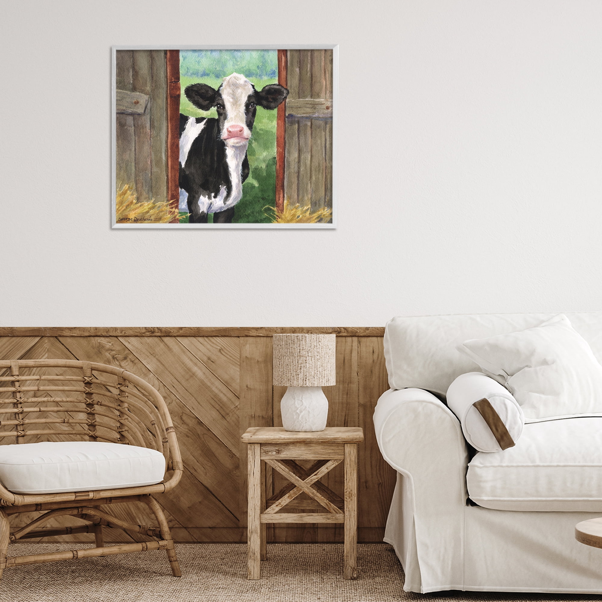 Stupell Industries Cow in Wooden Gate White Framed Giclee Art, design by George Dyachenko