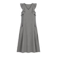 thumbnail image 4 of Women's Cotton Linen Midi Dress Summer Solid Color V‑Neck Ruffle Cap Sleeve Loose Dress with Dual Side Pockets Gray XL(XL), 4 of 6