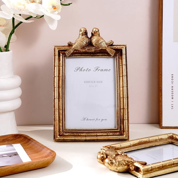 5x7 Vintage Picture Frame, Vintage gold birds Hand-Crafted Resin with Glass Front Elegant Retro Vintage Design Photo Frame for Tabletop Display Home Decor