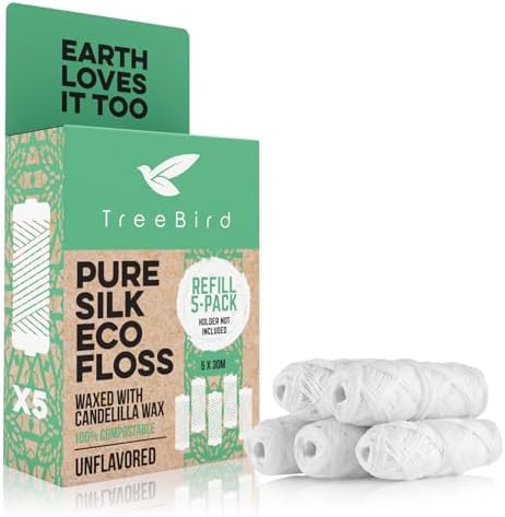 Unflavored Pure Silk Eco Floss Refills | Pack of 5 x 33yd Silk Dental Floss Spools | Waxed with Candelilla Wax