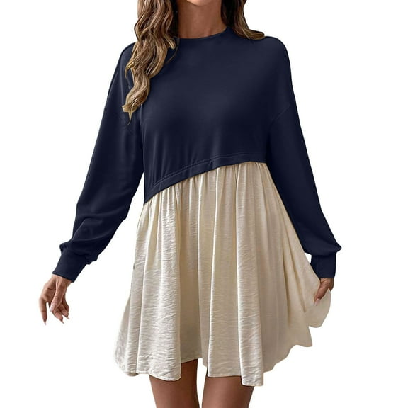 HexaHive Women's Autumn/Winter Long Sleeve Dress - Round Neck and Patchwork Design