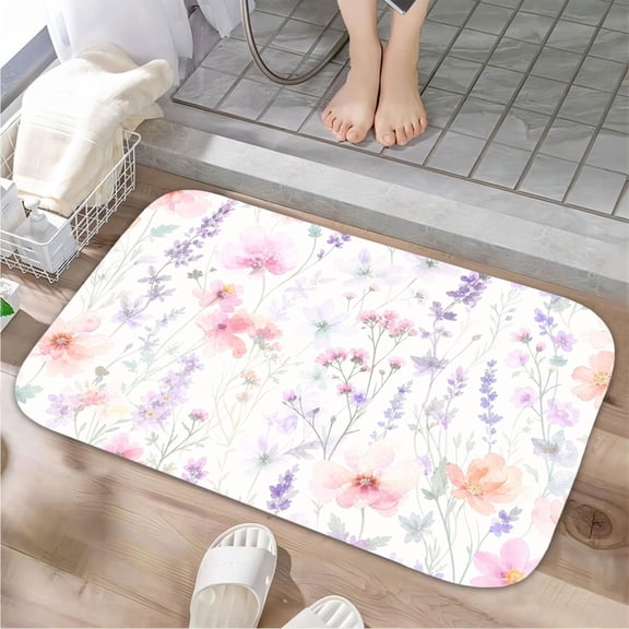Watercolor Wildflower Luxury Flannel Bathroom Mats 16x24, Extra Soft and Absorbent Non-Slip Shower Rug for Bathroom Floor
