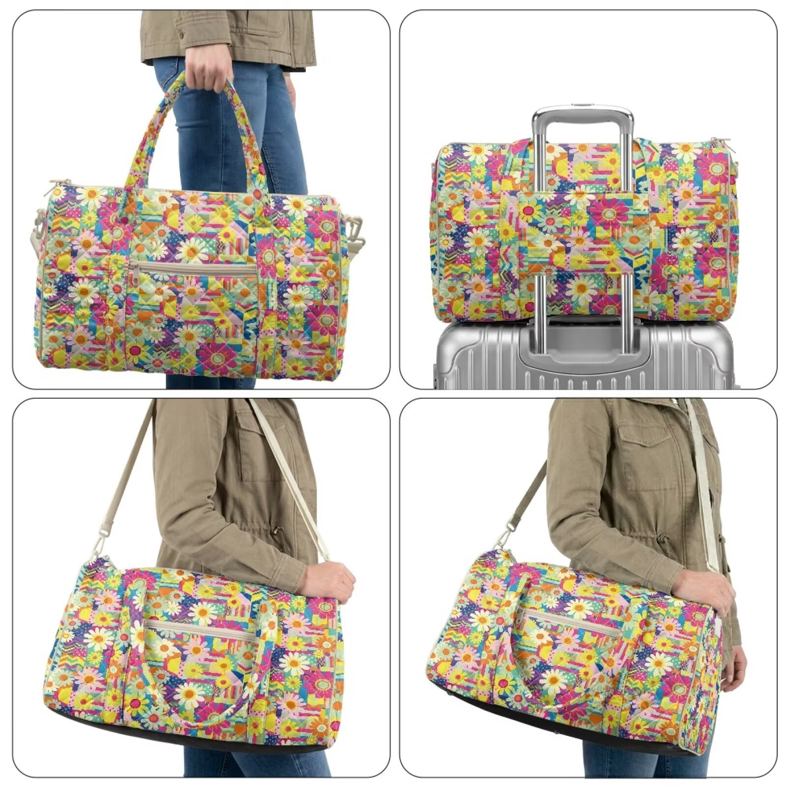 Garronmavis Large Quilted Duffle Bag for Women, Floral Pattern Weekender Bag Travel Overnight Bag, Carry On Gym Dance Tote with Zipper Pockets