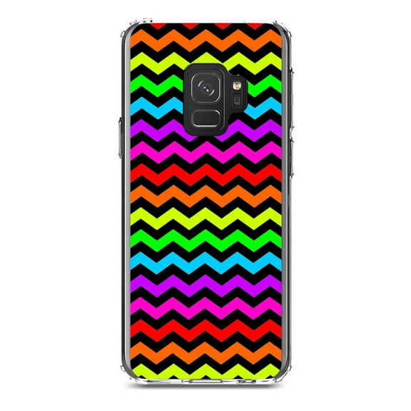 DistinctInk Clear Shockproof Hybrid Case for Samsung Galaxy S9 (5.8" Screen) - TPU Bumper, Acrylic Back, Tempered Glass Screen Protector - Rainbow Black Stripes Wave - Stripes Pattern