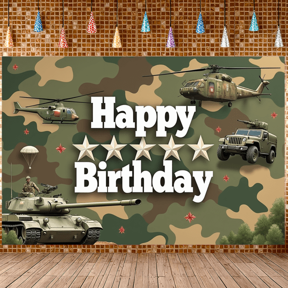 Camouflage Design Birthday Banner Army Theme Helicopter Motif Tank Graphic Adventure for Kids Party Celebration Outdoor Venue Event Background