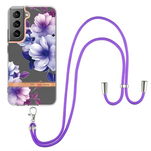 Flower Pattern Case for Samsung Galaxy S23 Plus, Detachable Shoulder Strap Lanyard Crossbody Slim Lightweight Floral Cover with Soft Silicone Shockproof Drop Resistant Case,Purple Flower