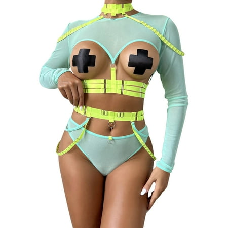 

Lingerie For Women Plus Size Fashionable Long Sleeve Strap Contrast Mesh Stitching Underwear Bodysuit For Women Tummy Control