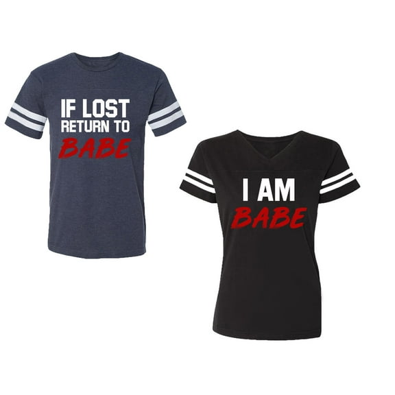 IF Lost Return To Babe I am BabeUnisex Couple Matching Cotton Jersey style T-Shirt Contrasting stripes on sleeves (Men Navy / Women Black) (Men S / Women S)