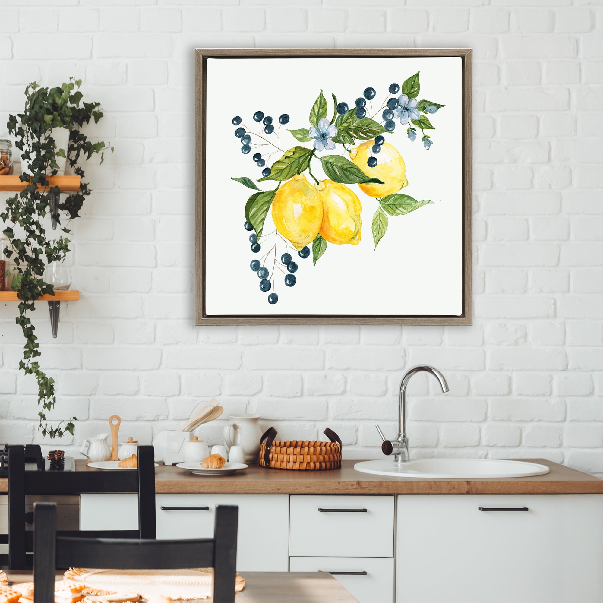 Stupell Industries Lemon Branch with Berries Brown Framed Floater Canvas Wall Art, design by Livi Finn
