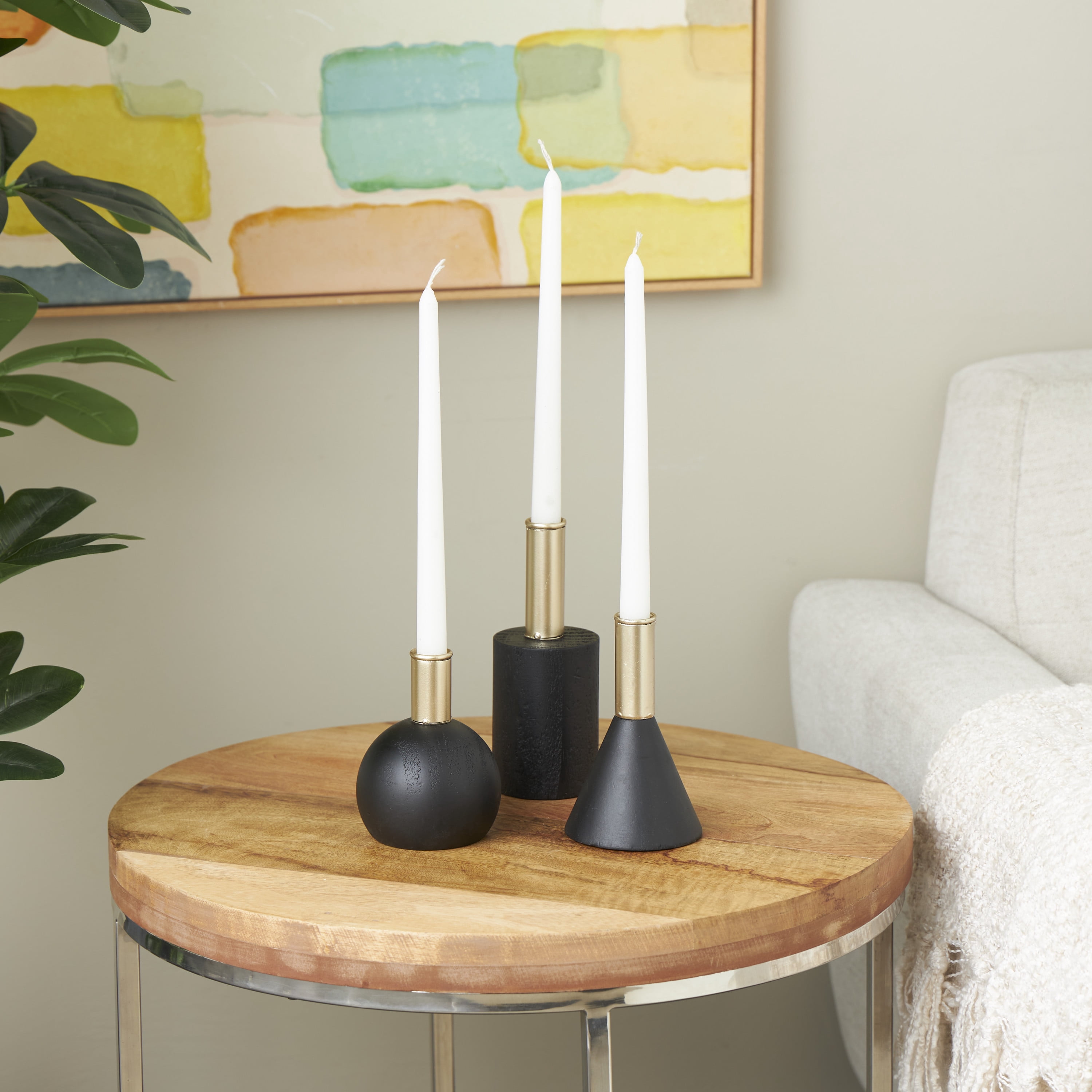 DecMode 3 Candle Black Wood Geometric Candle Holder with Varying Shapes and Gold Accents, Set of 3
