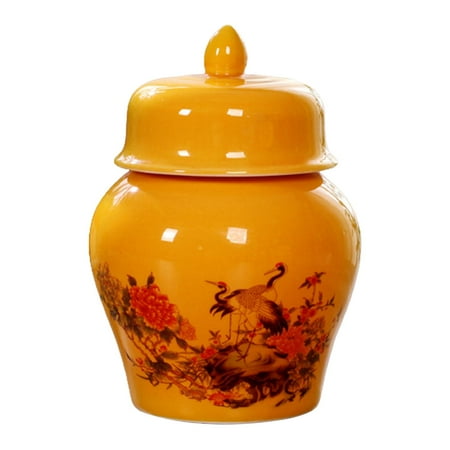 

Ceramic Tea Canister Storage Pots Desk Indoor Plants Holder Temple Jar Porcelain Ginger Jar for Ornaments Cabinet Weddings Office Livingroom Crane