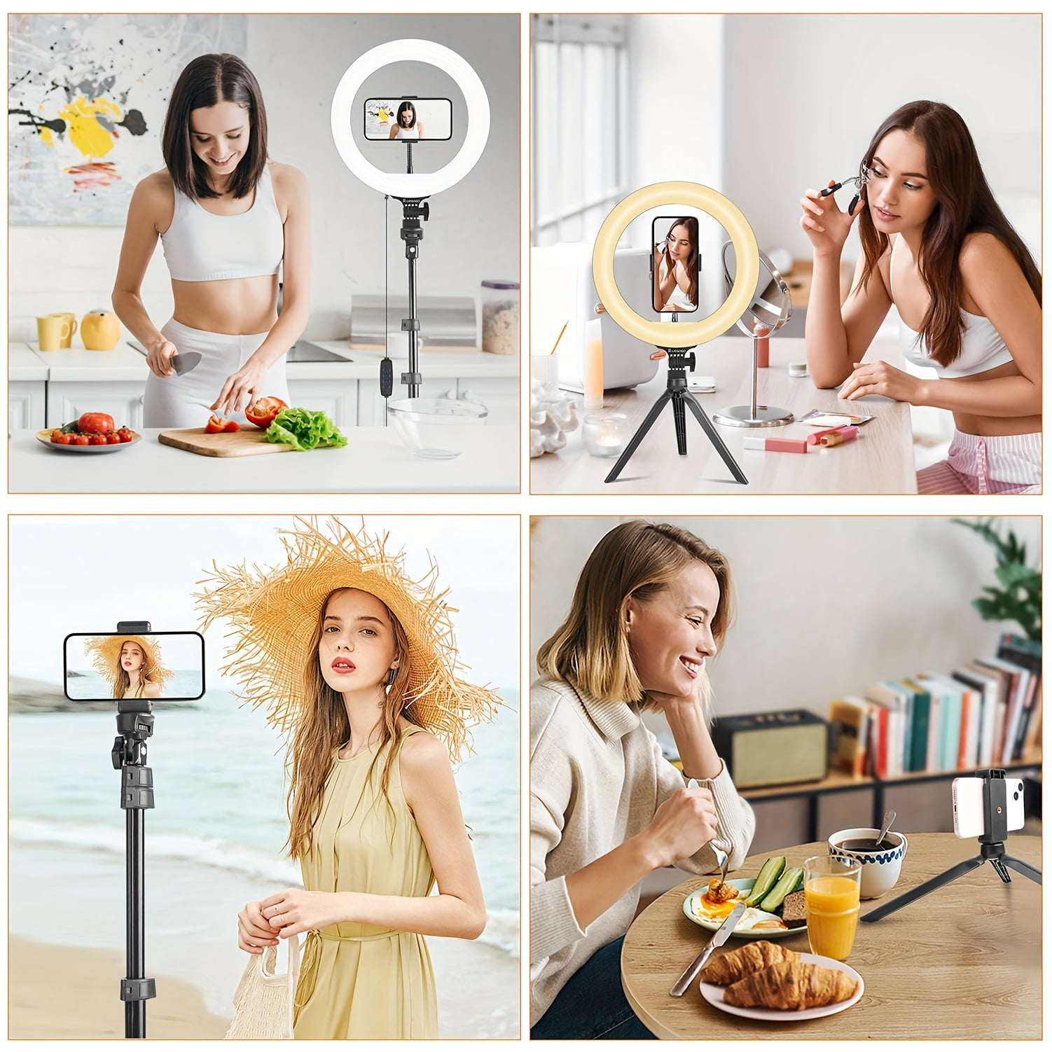 10/12" Selfie Ring Light with 63" Stand, Phone Holder, Remote, RGB LED Halo Light for Vlogging Video Photo Kit