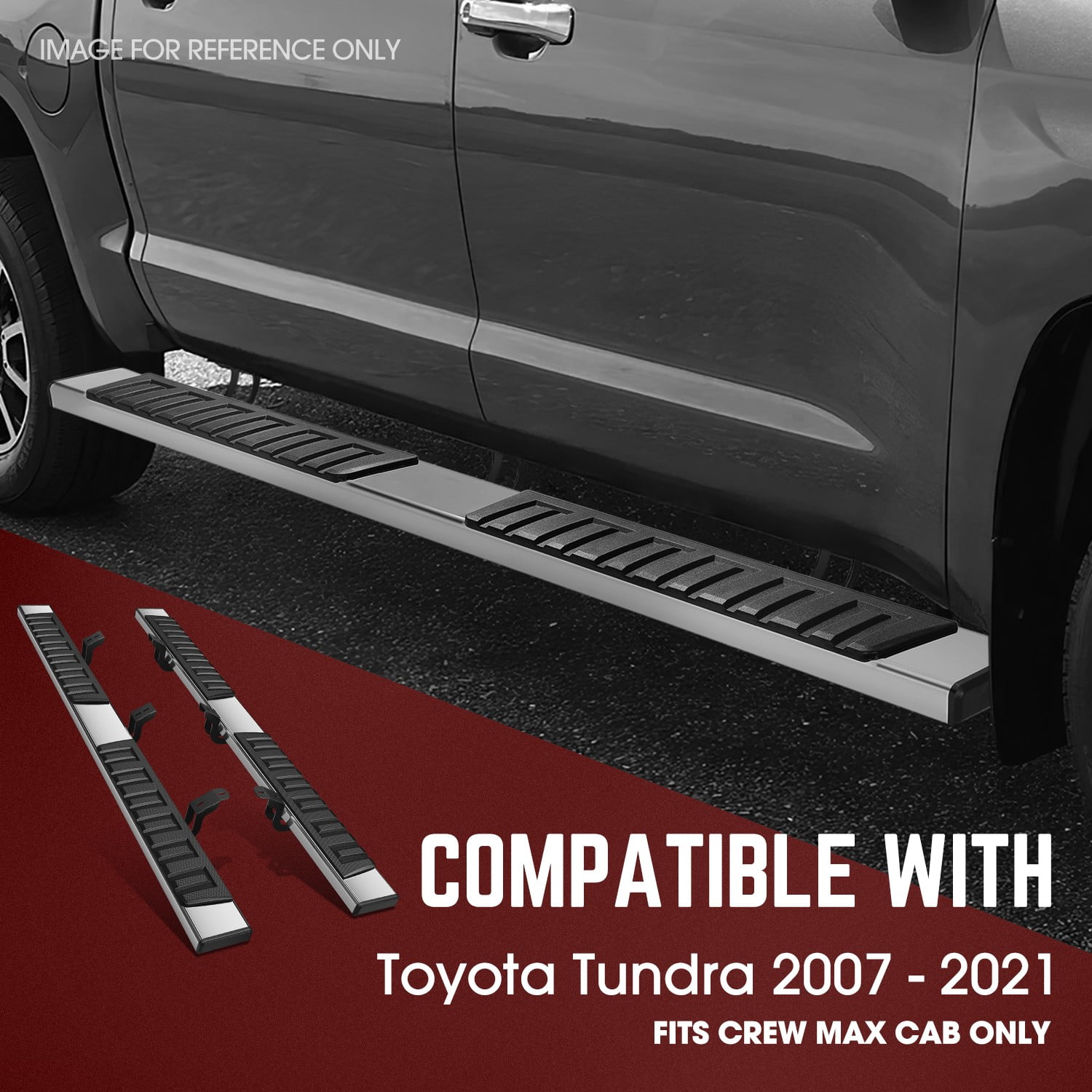 DNA Motoring 6.75 Inch Flat Running Boards Compatible with Toyota Tundra Crew Max 2007-2021, Stainless Steel Side Steps Nerf Rails Bars