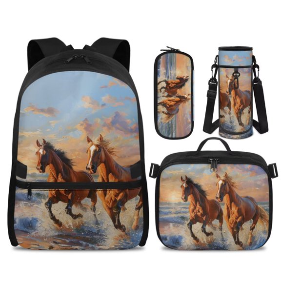 KUIFORTI Horse Brown Bookbag with Lunch Bag, 4 Piece Kids Backpack Set for Teens Elementary Middle School, Boys Girls School Bag with Pencil Pouch Water Bottle Sleeve