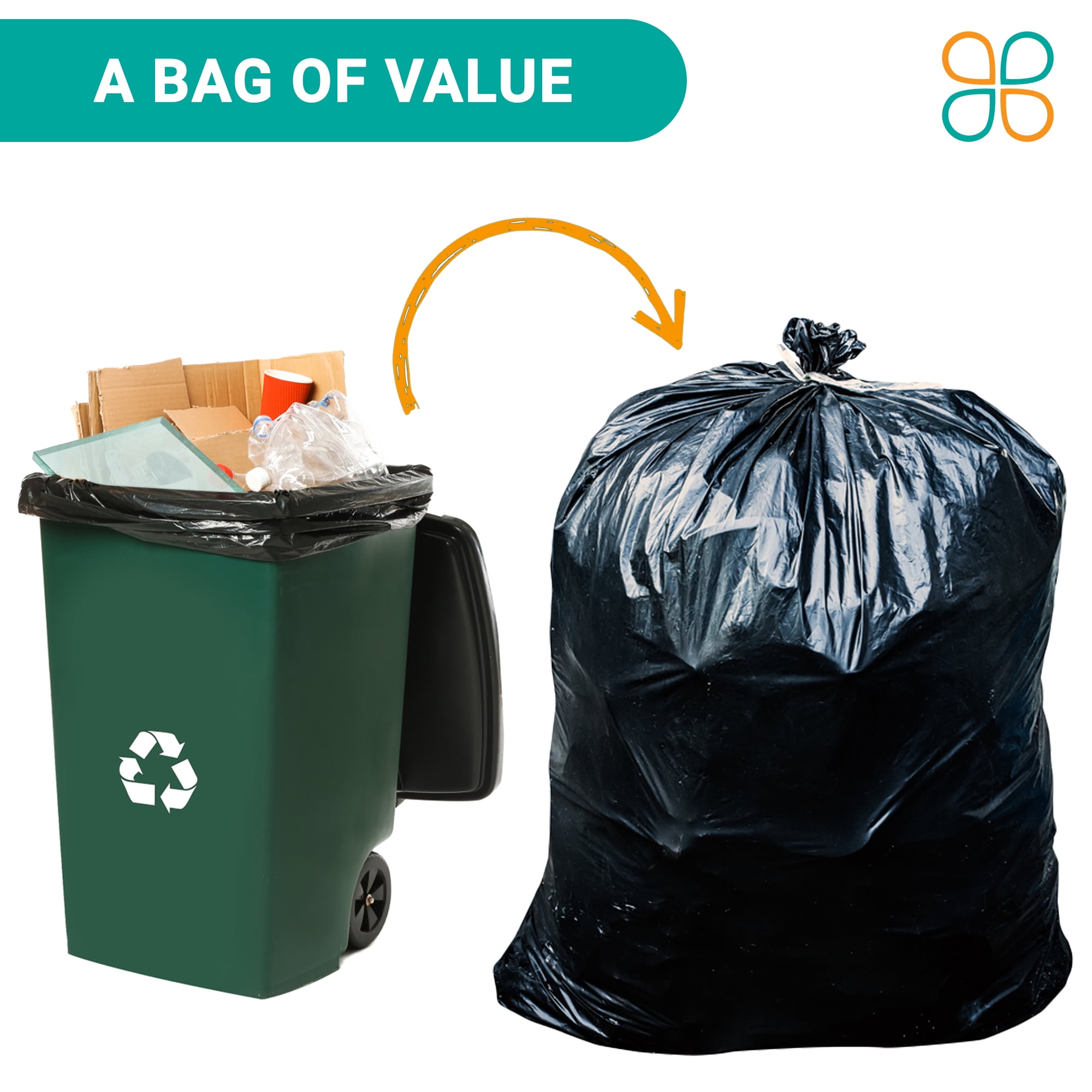 PlasticMill 65 Gallon, Black, 1.5 Mil, 50x48, 100 Bags/Case, Garbage Bags / Trash Can Liners.