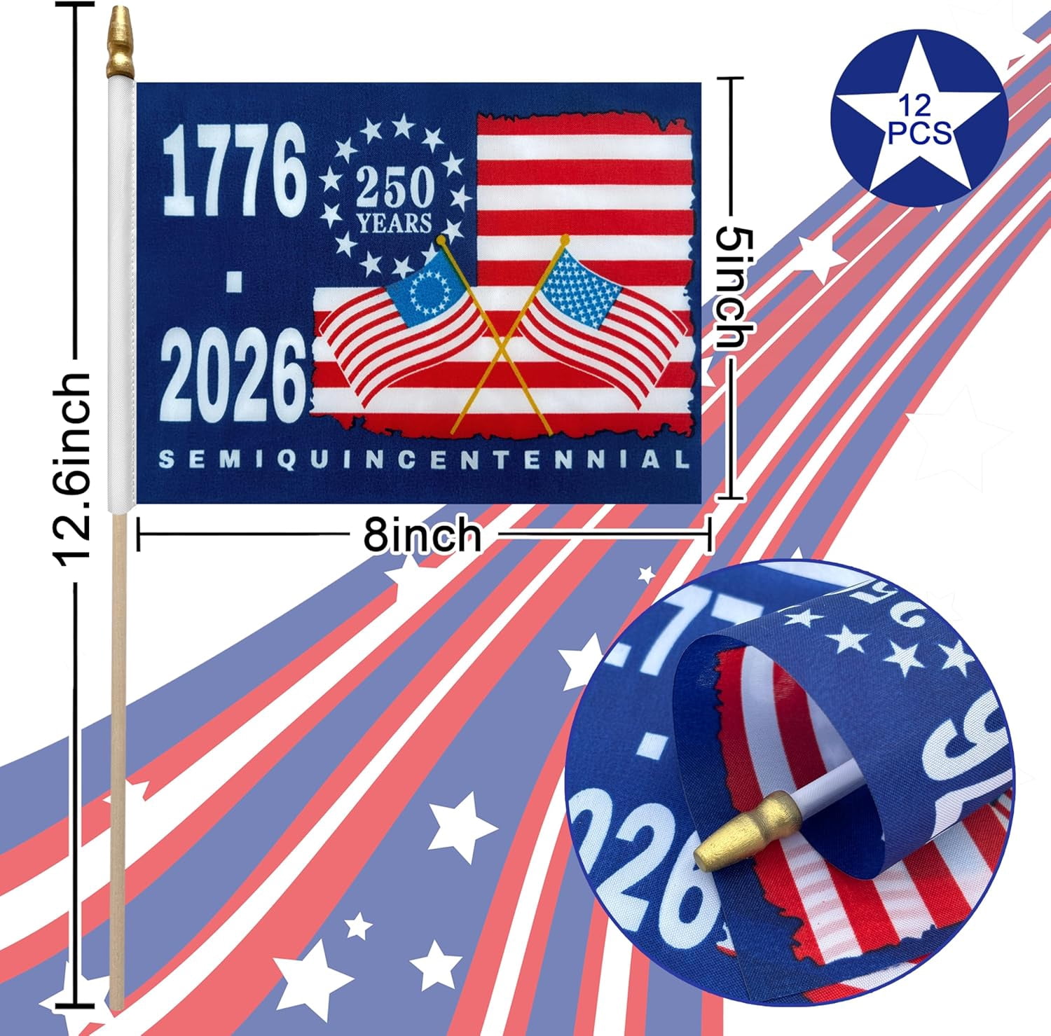 12 Pack Mini American Flags On Stick, 5 x 8 Inch Handheld USA Patriotic 250th Anniversary Flags, 1776-2026 For 4th Of July Outdoor Decor,