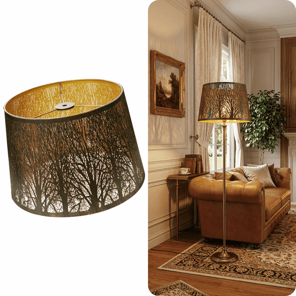 Etched Forest  Medium Metal Lampshade, AEELLEEA Drum Lamp Shade for Table Lamp And  Floor Lamp Shade, Pattern of Trees Lamp Cover (Bronze Gold) ,Light Decoration Spider 10" Top x 12" Bottom x 8" High