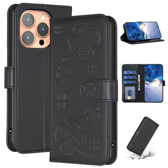 SaniMore for iPhone 15 Pro Max Wallet Case, PU Leather Embossed Flower Adjustable Stand Card Slots Cash Pocket Business Shell Styllish Full Protective Shockproof Anti-drop TPU Retro Design, Black
