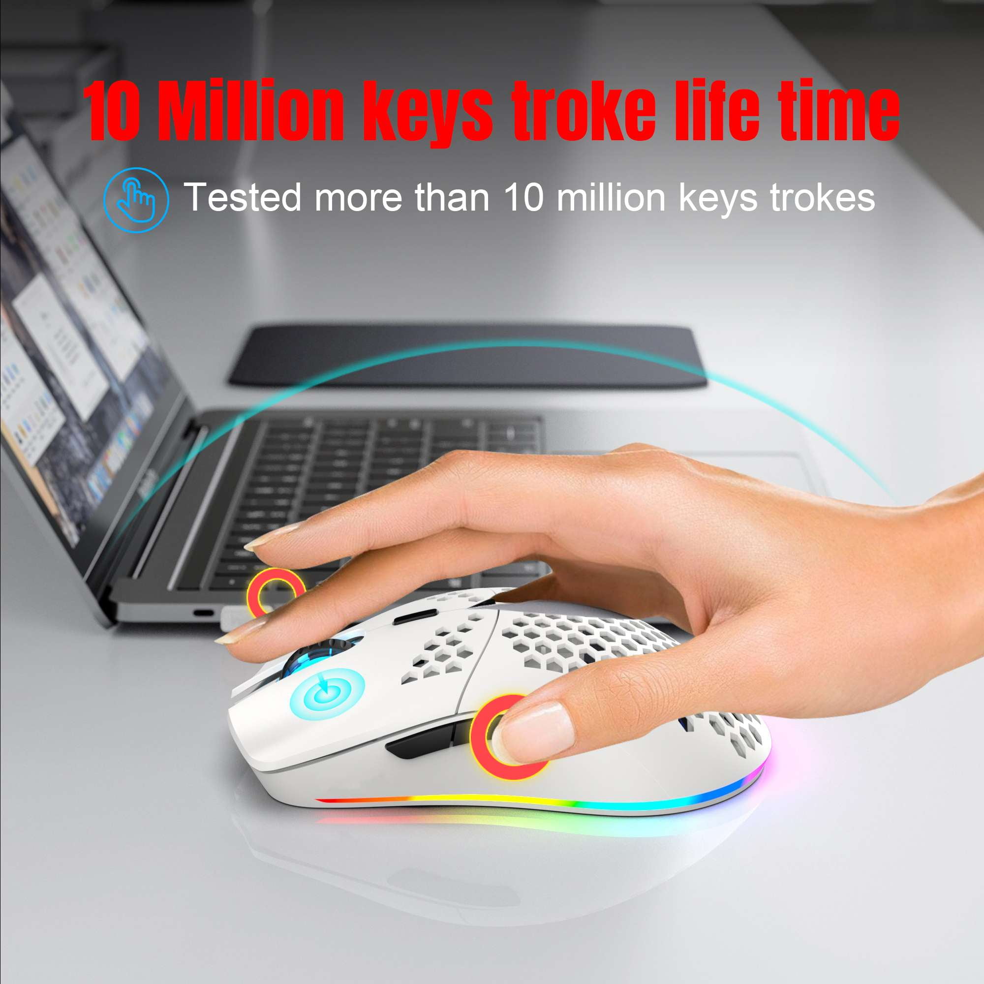 Hexamurby Ultralight Wireless Gaming Mouse,6 Kinds RGB Backlit,5 Levels Adjustable,Lightweight Honeycomb Shell Mice for PC Gamers(White)