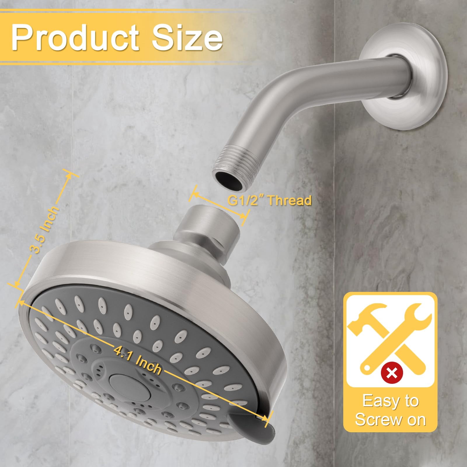 Shower Head High Pressure Rain Fixed Showerhead 5-Setting with Adjustable Metal Swivel Ball Joint - Relaxed Shower Experience Even at Low Water Flow & Pressure