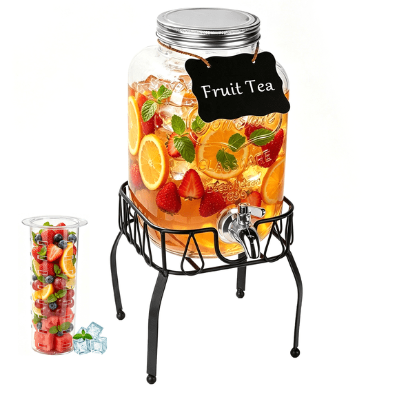 1 Gallon Glass Drink Dispensers for Parties, TAIMASI Beverage Dispenser with Stand & Ice Cylinder, Leakproof Lemonade Drink Dispenser for Sun Tea, Homemade Juice