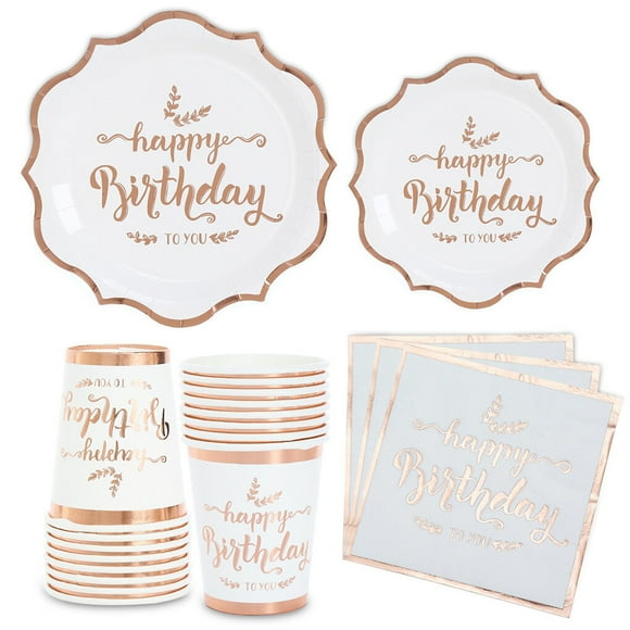 64 Pieces/set Plates Birthday Party Cups Single-use Paper Rose Napkins Set Birthday Gold Napkins Decoration Supplies Set for 16 Guests
