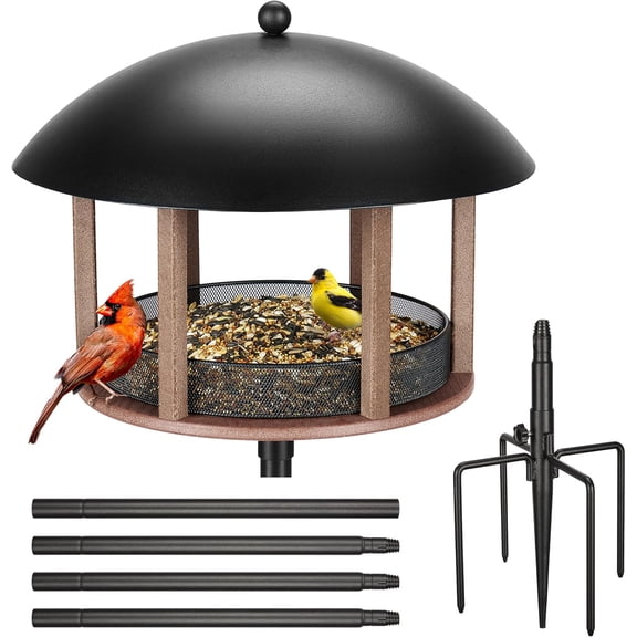 Large Platform Bird Feeder for Outside, Tray Bird Feeder with Weather Protective Dome & Universal Pole Kit, 5 lbs Seed Capacity, Brown