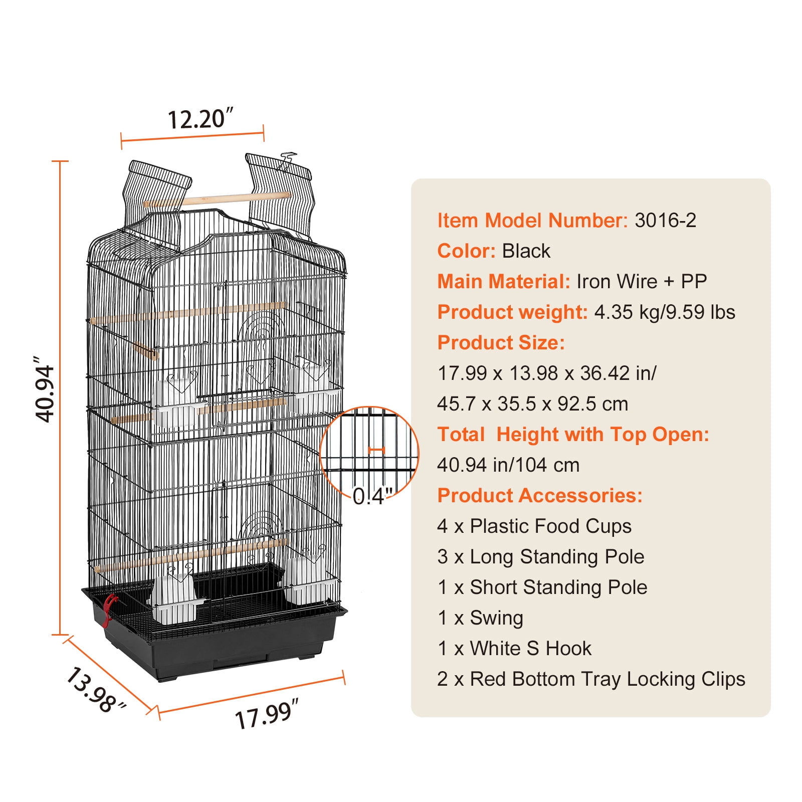 KFFKFF 41-inch Spacious Bird Cage with Open Top, Ideal for Parakeets, Finches, Canaries, Lovebirds, Cockatiels, Budgies, Small Quaker Conures, Travel Pet Flight Birdcage Equipped with Swing and Perch