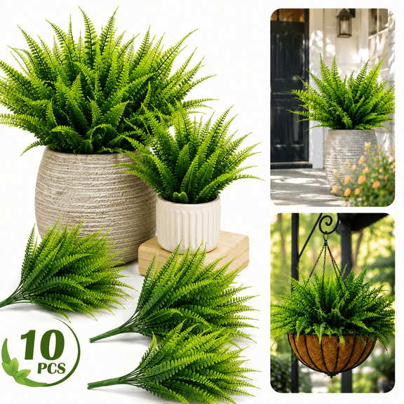 Ustris 10PCS Fake Fern Outdoors - Ferns Artificial Plants for Outdoor Ferns That Look Real Boston Faux Fern Stems Indoor Nearly Natural UV Resistant Outdoor Plants Artificial for Porch Greenery Decor