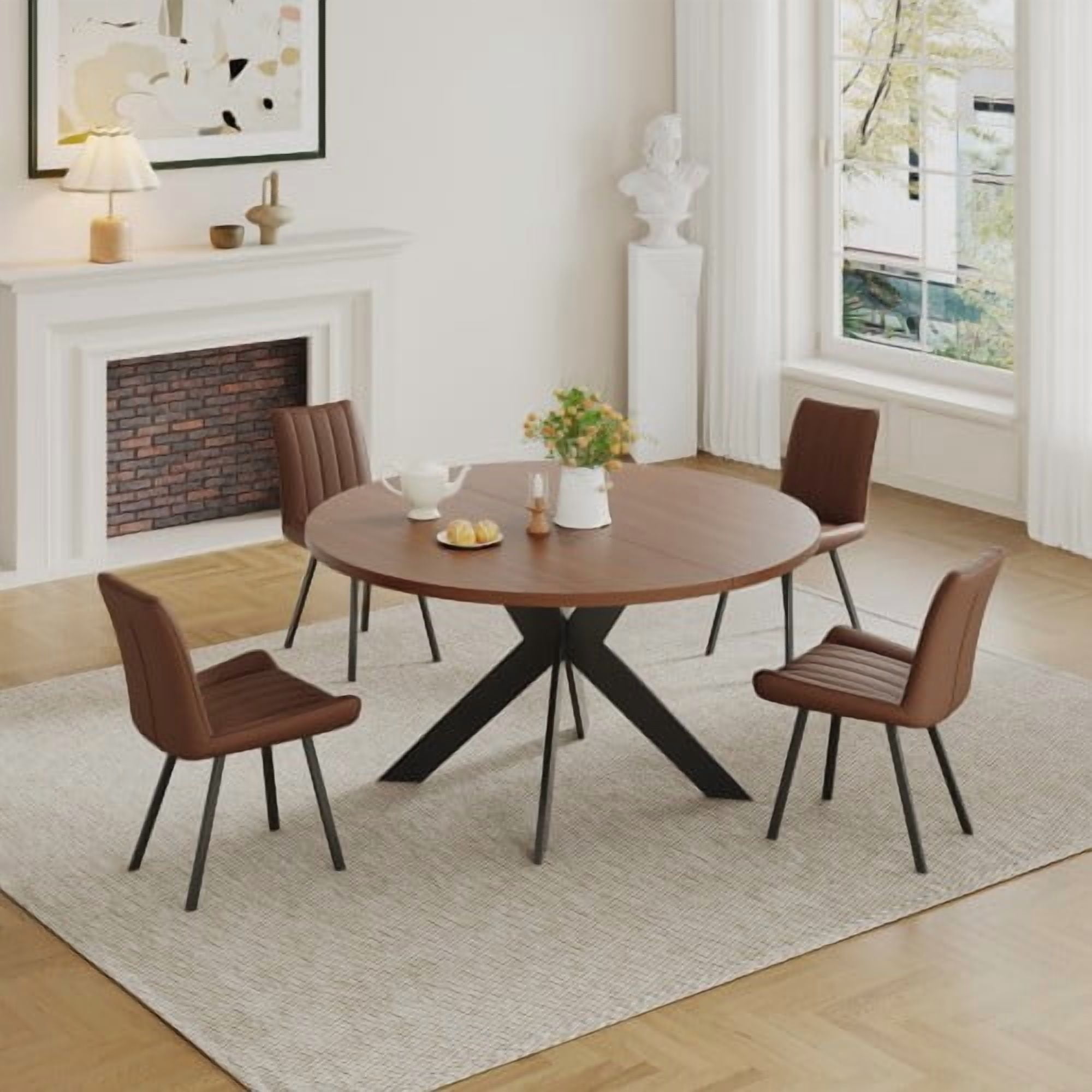 Set of 2 Brown PU Leather Dining Chairs, Modern Breathable Kitchen Chairs with Metal Legs