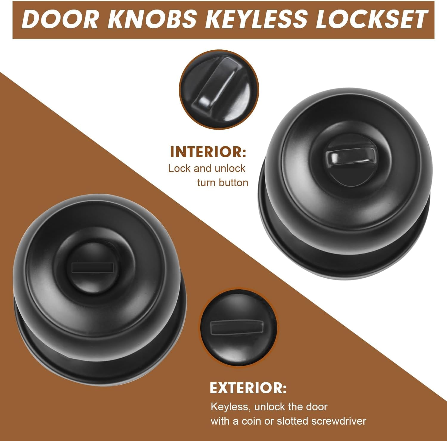 Privacy Door Knobs, 10 Pack Matte Black Door Knobs with Lock, Bed and Bath Door Knob Interior Keyless Locksets, Round Door Handles Reversible for Left Right Handed Doors