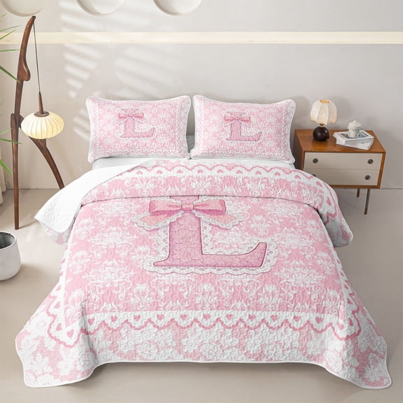 Manfei Pink Princess Letter L Bow Twin Quilt Set, Boho Damask Flower Twin Coverlet Set for Girls Women