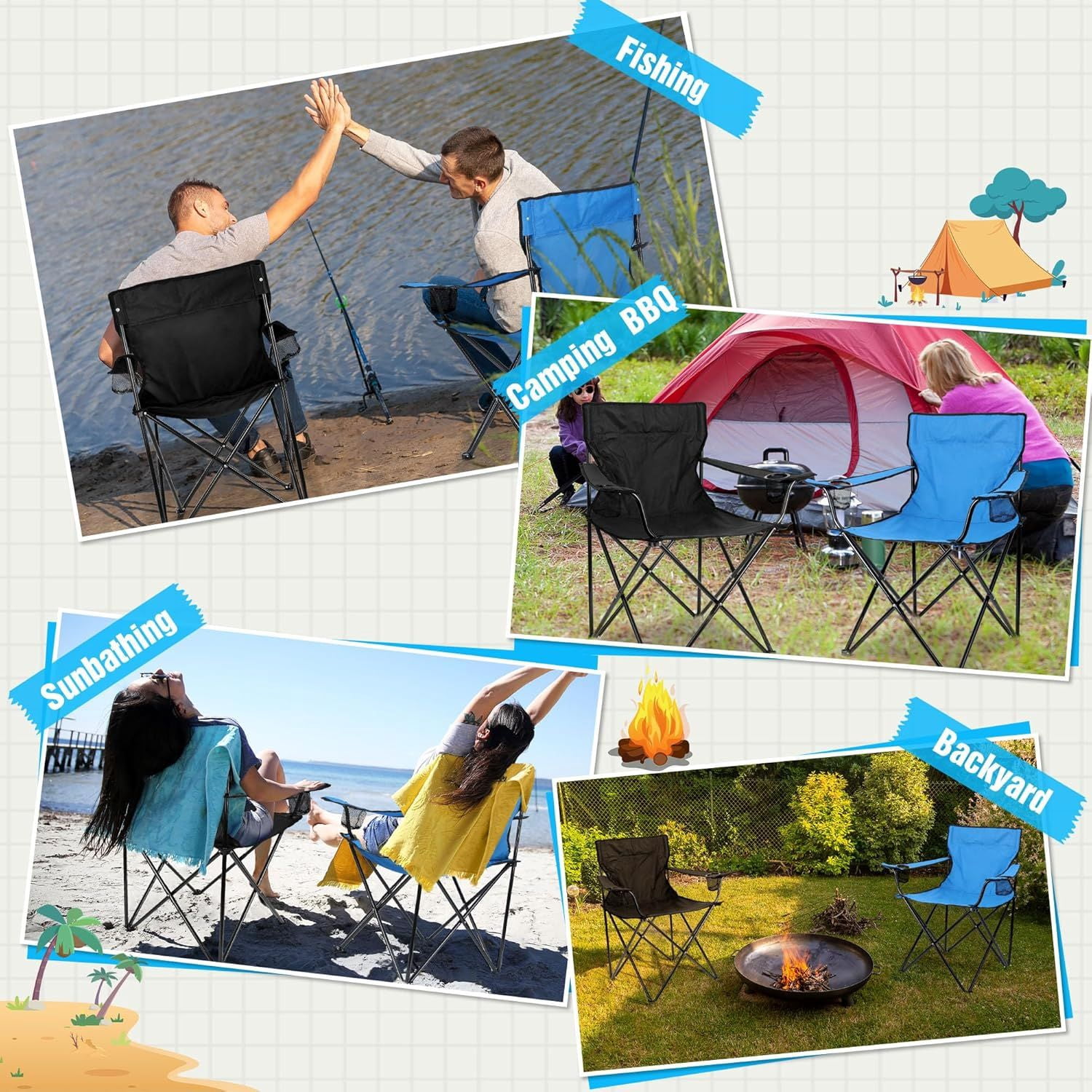 Foldable Camping Chair Set of 2, Folding Camp Chairs for Adults, Large Portable Lawn Chair for Outdoors Fishing, Hiking, Travel, Picnic, Beach, Supports 275lbs & Include Storage Bags