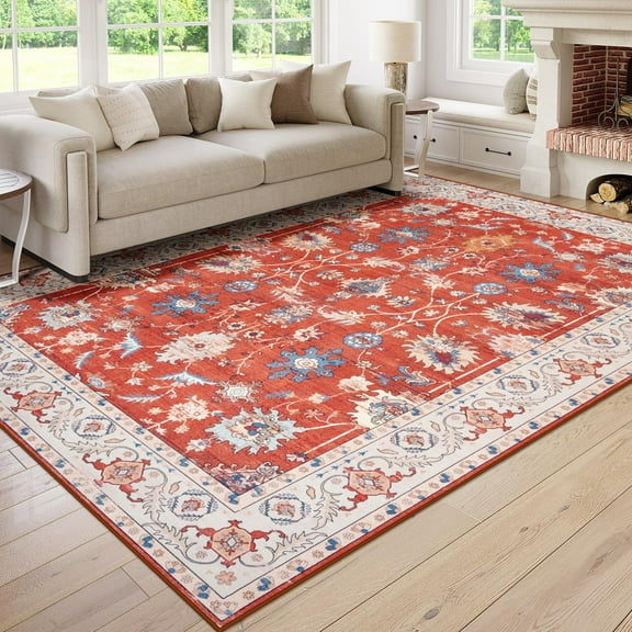 Wondo 8x10 Vintage Bohe Washable Red Area Rug for Living Room, Bedroom, Dining Room, Office, Nursery Anti-slip Easy Care Carpet, Ultra-thin Stain Resistant Indoor Low Pile Carpet