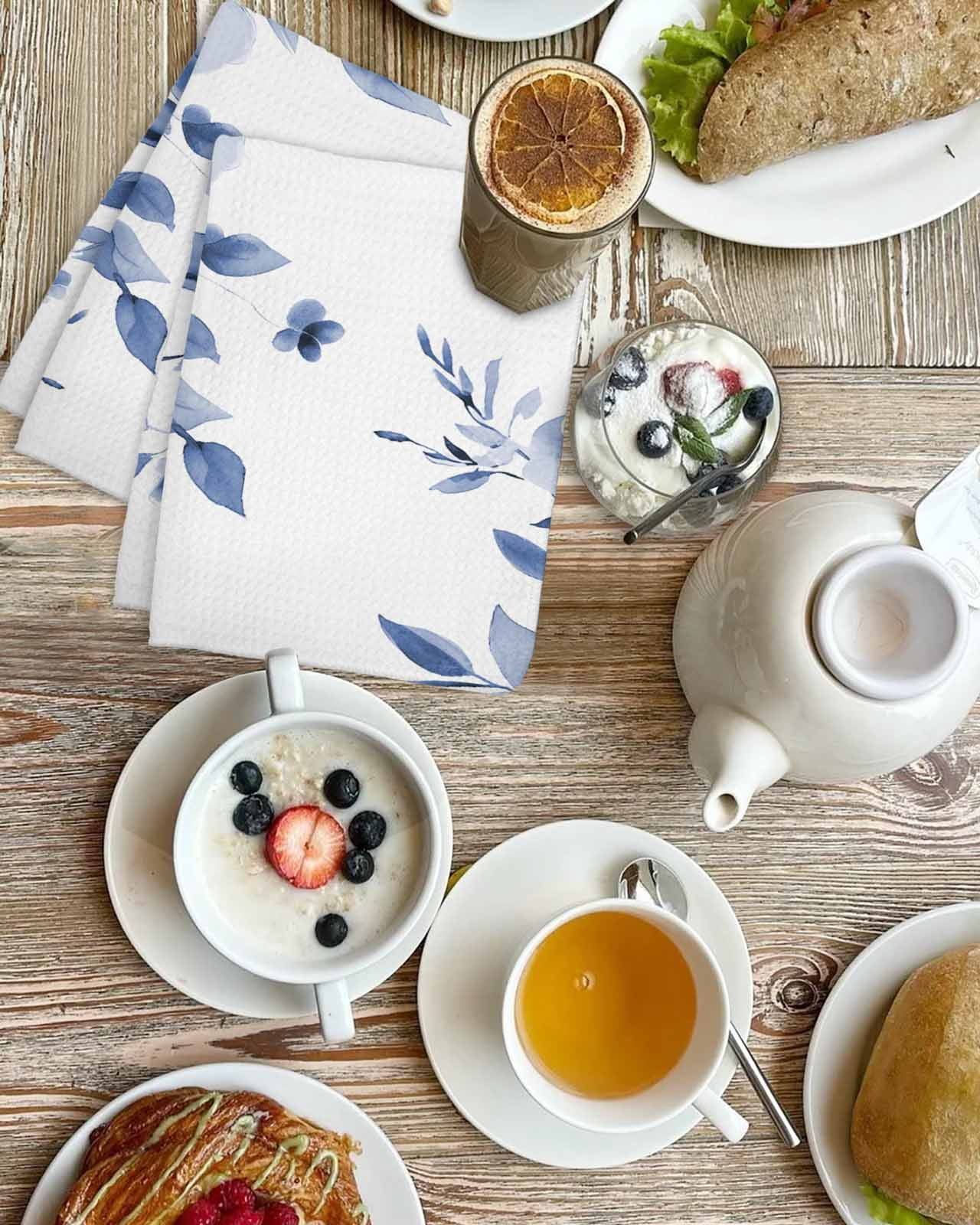 Blue Floral Art Kitchen Dish Towels for Drying Dishes Set of 4, Watercolor Botanical Spring Flowers Waffle Weave Microfiber Terry Hand Tea Bathroom Towels Quick Dry & Absorbent Towel 15.7x23.6