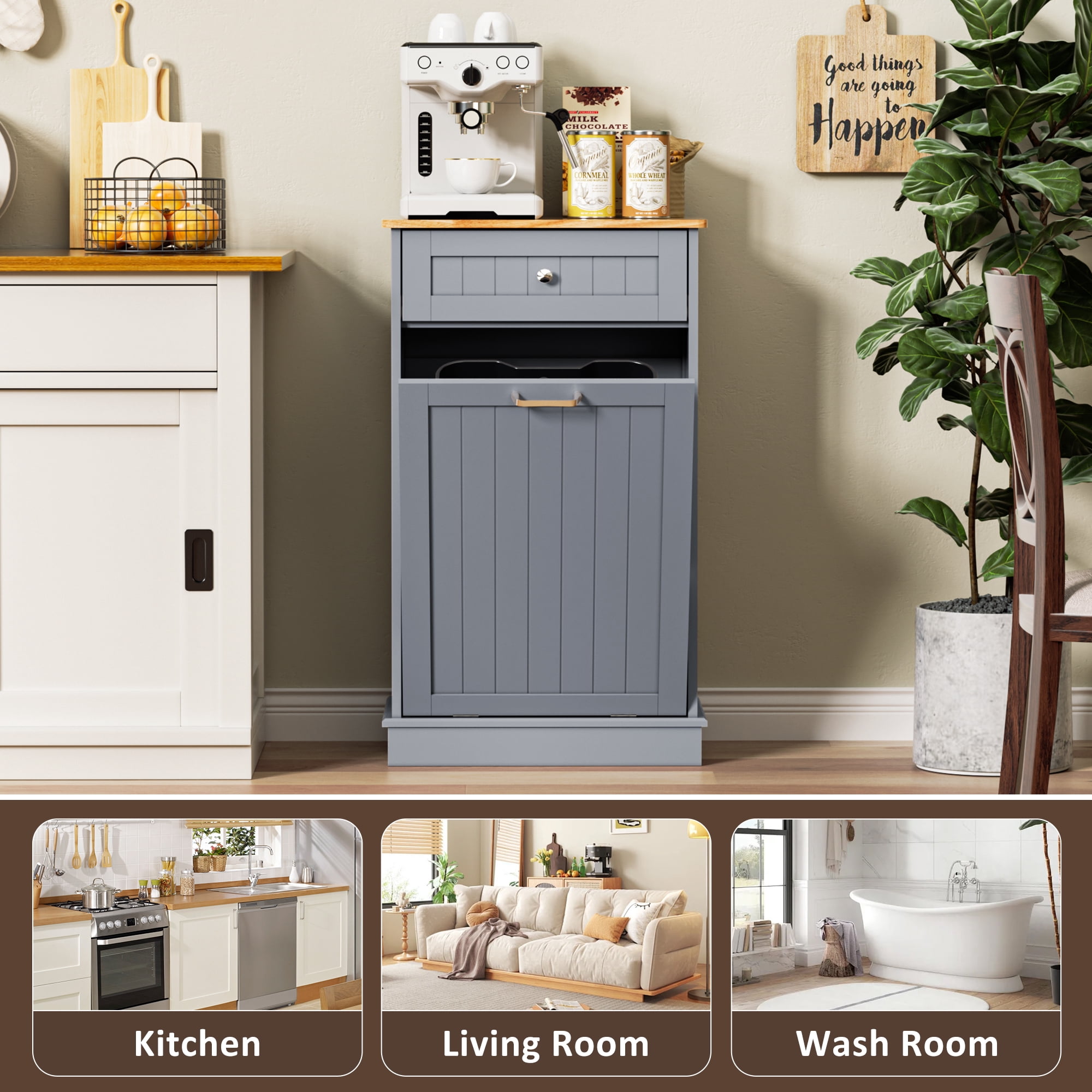 HARIPUL Single Tilt Out Trash Cabinet for 13 Gallon Waste Bin, Free Standing Kitchen Trash Can Cabinet with Drawers, Blue