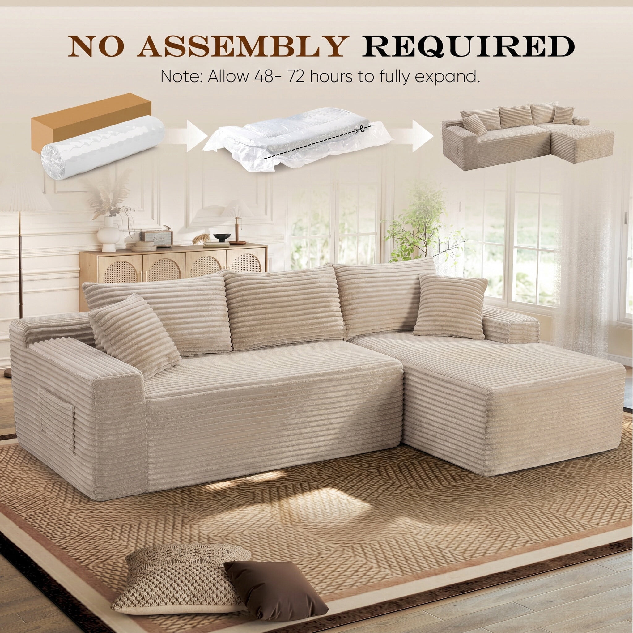 Lunale Small Modular Sectional Sofa with Movable Chaise, L-Shaped Boneless Cloud Couch for Living Room, Camel (Right Facing Chaise)
