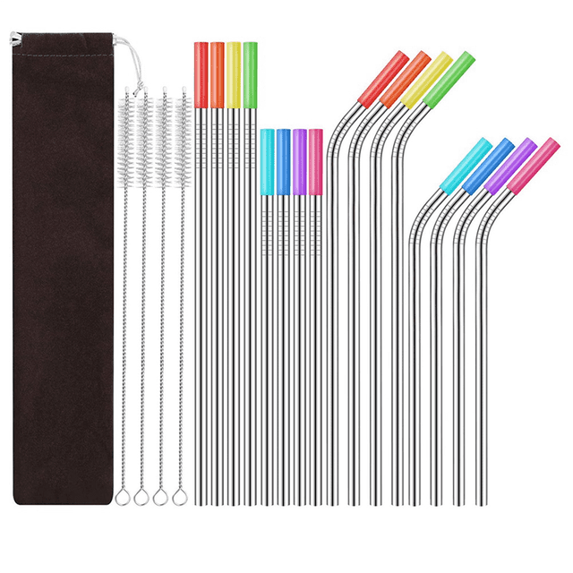 1 Set- Stainless Steel Straw Set Silicone Mouth Portable Metal Straw Brush, Silver