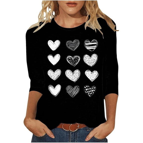 YUEHUA Womens Shirts 3/4 Sleeve Preppy Comfortable V Neck Valentine Candy Couple Love Heart Girlfriend Gift T Shirt Cute Tees Short Sleeve Tshirt Top