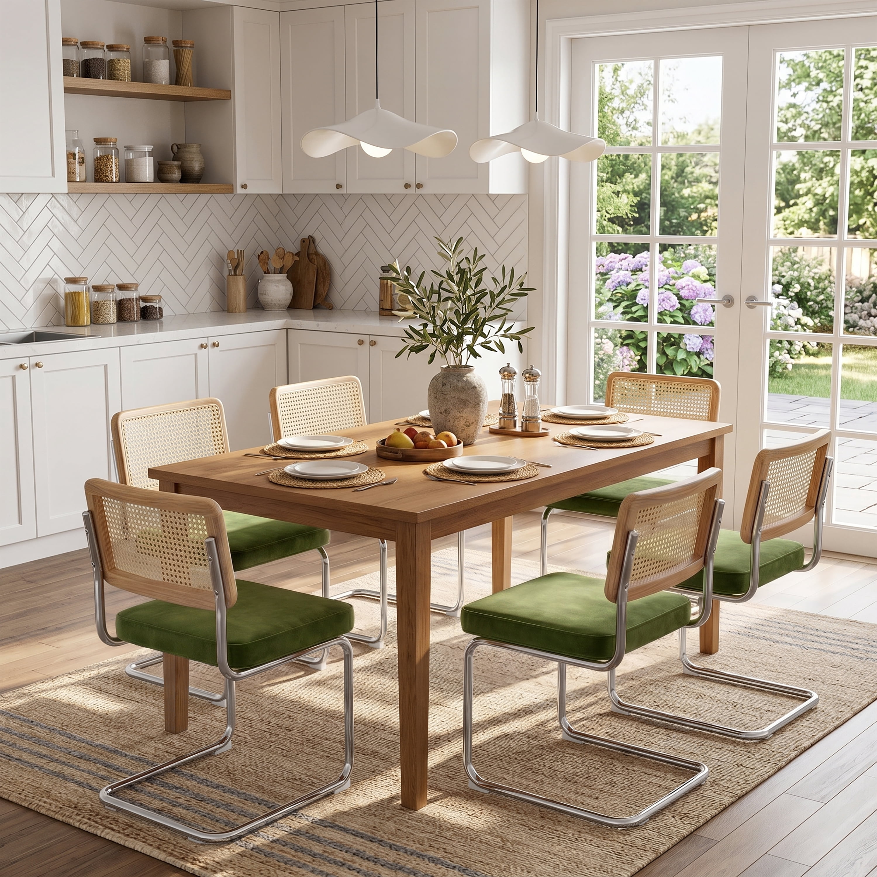 Zesthouse Rattan Dining Chairs Set of 4, Velvet Upholstered Dining Chairs with Cane Back and Chrome Legs, Mid Century Modern Kitchen Side Chairs for Living Room, Green