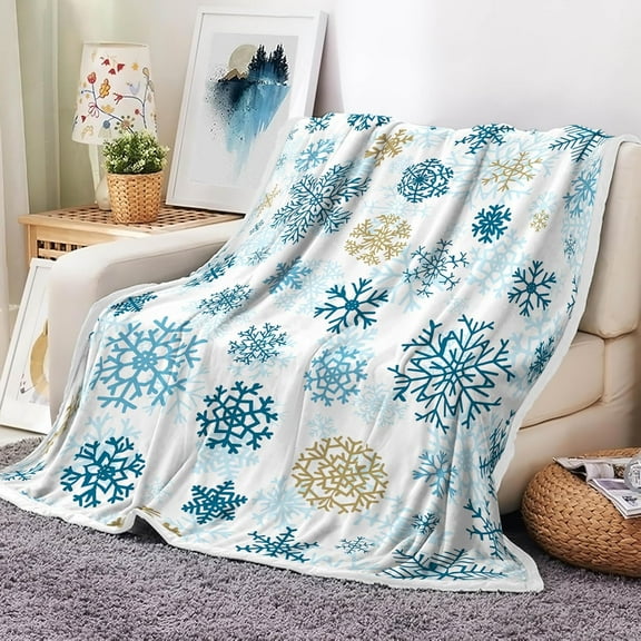 Christmas Throw Blanket, Blue Gold Snowflake Christmas Fleece Blanket, Soft Plush Warm Winter Cabin Throw for Couch Sofa Bed Decor, 60X90IN